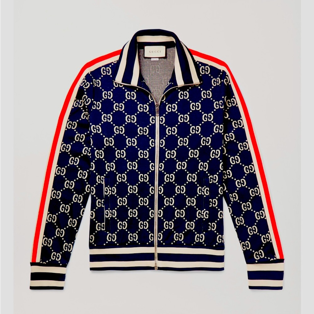 Gucci Track Jacket, Size L, Blue and Ivory GG Jacquard Fitted Jersey